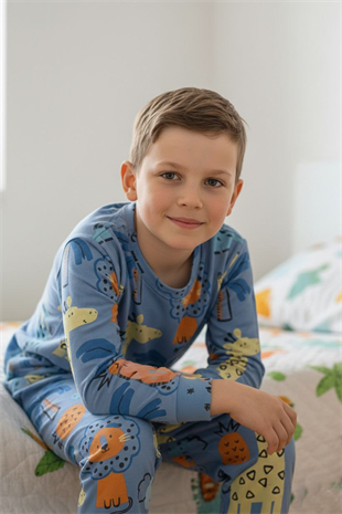 Erkek Çocuk %100 Pamuktan Üretilmiş Eğlenceli Hayvan Desenli Pijama Takımı