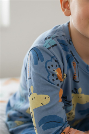 Erkek Çocuk %100 Pamuktan Üretilmiş Eğlenceli Hayvan Desenli Pijama Takımı