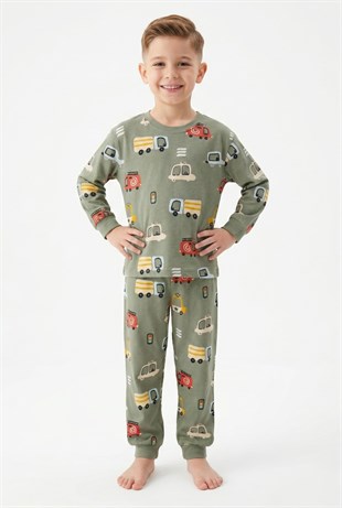 Erkek Çocuk Araba Desenli %100 Pamuk Süprem Kumaş Uzun Kollu Pijama Takımı