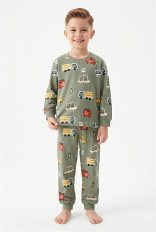 Erkek Çocuk Araba Desenli %100 Pamuk Süprem Kumaş Uzun Kollu Pijama Takımı