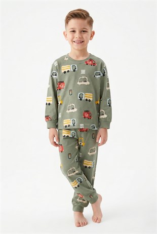 Erkek Çocuk Araba Desenli %100 Pamuk Süprem Kumaş Uzun Kollu Pijama Takımı