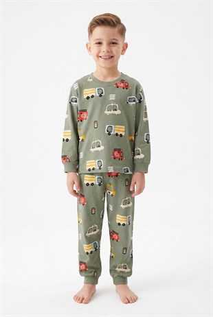 Erkek Çocuk Araba Desenli %100 Pamuk Süprem Kumaş Uzun Kollu Pijama Takımı