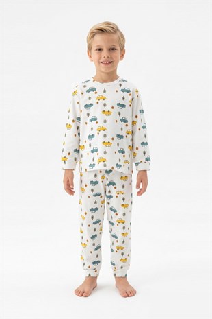 Erkek Çocuk Araba ve Ağaç Desenli %100 Pamuk Reaktif Boyama İnterlok Kumaş Uzun Kollu Pijama Takımı