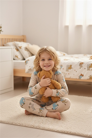 Erkek Çocuk Aslan Ve Fil Desenli %100 Pamuk Reaktif Boyalı İnterlok Kumaş Uzun Kollu Pijama Takımı