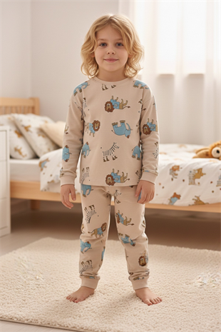 Erkek Çocuk Aslan Ve Fil Desenli %100 Pamuk Reaktif Boyalı İnterlok Kumaş Uzun Kollu Pijama Takımı