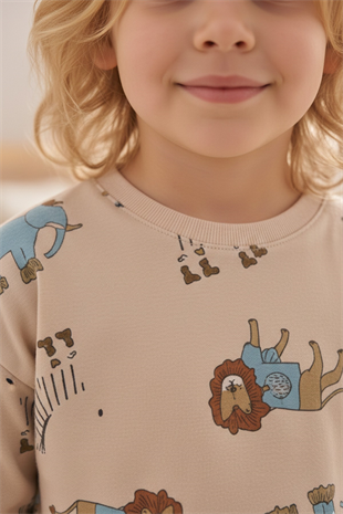 Erkek Çocuk Aslan Ve Fil Desenli %100 Pamuk Reaktif Boyalı İnterlok Kumaş Uzun Kollu Pijama Takımı