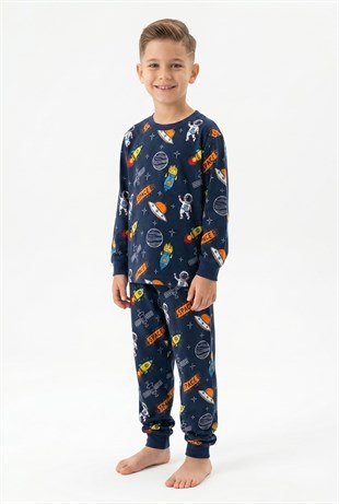 Erkek Çocuk Astronot ve Uzay Desenli %100 Pamuk Süprem Kumaş Uzun Kollu Pijama Takımı