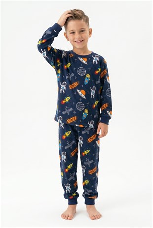 Erkek Çocuk Astronot ve Uzay Desenli %100 Pamuk Süprem Kumaş Uzun Kollu Pijama Takımı