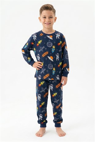 Erkek Çocuk Astronot ve Uzay Desenli %100 Pamuk Süprem Kumaş Uzun Kollu Pijama Takımı