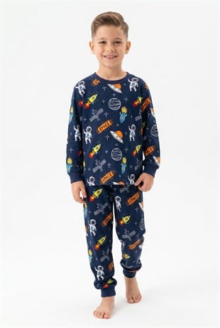 Erkek Çocuk Astronot ve Uzay Desenli %100 Pamuk Süprem Kumaş Uzun Kollu Pijama Takımı