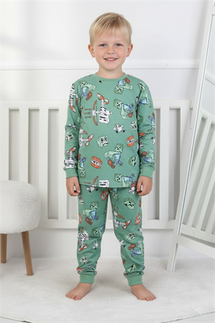 Erkek Çocuk Desenli %100 Pamuk Reaktif Boyalı İnterlok Kumaş Uzun Kollu Pijama Takımı