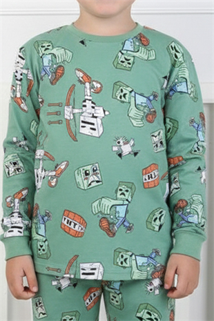 Erkek Çocuk Desenli %100 Pamuk Reaktif Boyalı İnterlok Kumaş Uzun Kollu Pijama Takımı