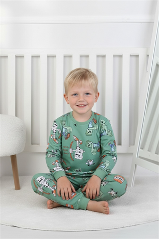 Erkek Çocuk Desenli %100 Pamuk Reaktif Boyalı İnterlok Kumaş Uzun Kollu Pijama Takımı
