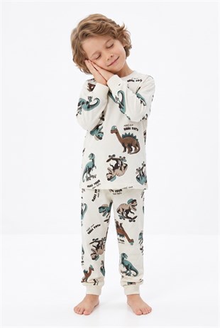 Erkek Çocuk Dinozor Baskılı  %100 Pamuk Reaktif Boyalı Süprem Kumaş Uzun Kollu Pijama Takımı