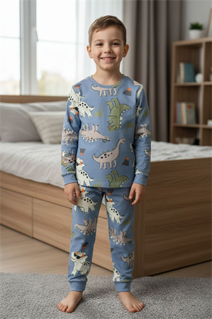 Erkek Çocuk Dinozor Desenli %100 Pamuk Reaktif Boyalı İnterlok Kumaş Uzun Kollu Pijama Takımı