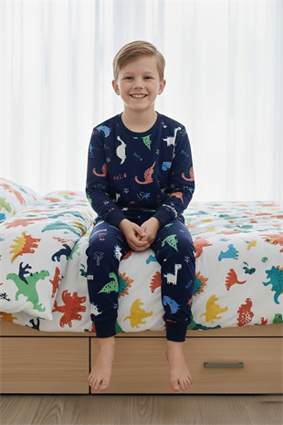 Erkek Çocuk Dinozor Desenli %100 Pamuk Reaktif Boyalı İnterlok Kumaş Uzun Kollu Pijama Takımı