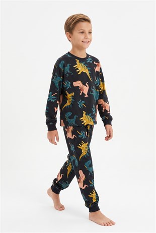 Erkek Çocuk Dinozor Desenli %100 Pamuk Reaktif Boyalı Süprem Kumaş Uzun Kollu Pijama Takımı