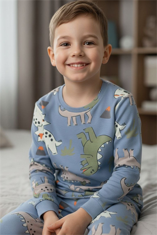 Erkek Çocuk Dinozor Desenli %100 Pamuk Reaktif Boyalı İnterlok Kumaş Uzun Kollu Pijama Takımı