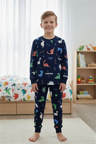 Erkek Çocuk Dinozor Desenli %100 Pamuk Reaktif Boyalı İnterlok Kumaş Uzun Kollu Pijama Takımı