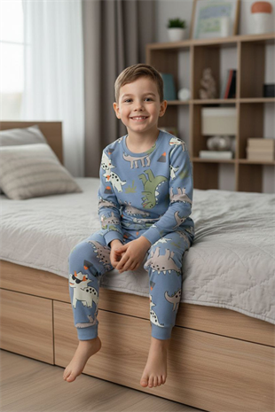 Erkek Çocuk Dinozor Desenli %100 Pamuk Reaktif Boyalı İnterlok Kumaş Uzun Kollu Pijama Takımı