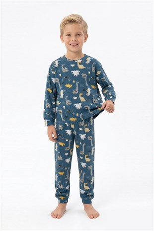 Erkek Çocuk Dinozor Desenli %100 Pamuk Reaktif Boyama İnterlok Kumaşş Uzun Kollu Pijama Takımı