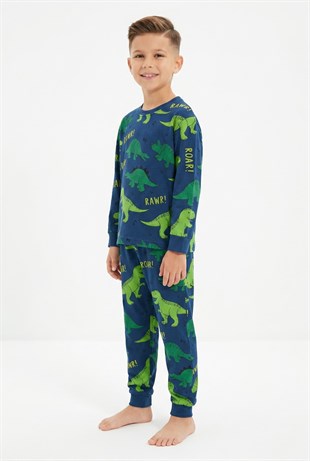 Erkek Çocuk Dinozor Desenli %100 Pamuk Süprem Kumaş Uzun Kollu Pijama Takımı