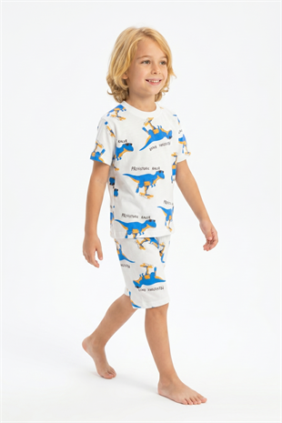 Erkek Çocuk Dinozor Desenli %100 Pamuk Süprem Kumaş Kısa Kollu Şortlu Pijama Takımı
