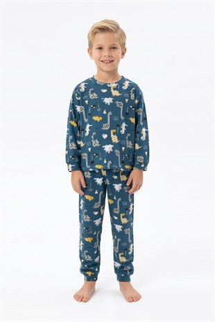 Erkek Çocuk Dinozor Desenli %100 Pamuk Reaktif Boyama İnterlok Kumaşş Uzun Kollu Pijama Takımı