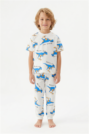 Erkek Çocuk Dinozor Desenli %100 Pamuk Süprem Kumaş Kısa Kollu  Pijama Takımı
