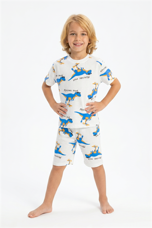 Erkek Çocuk Dinozor Desenli %100 Pamuk Süprem Kumaş Kısa Kollu Şortlu Pijama Takımı