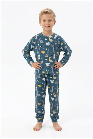 Erkek Çocuk Dinozor Desenli %100 Pamuk Reaktif Boyama İnterlok Kumaşş Uzun Kollu Pijama Takımı