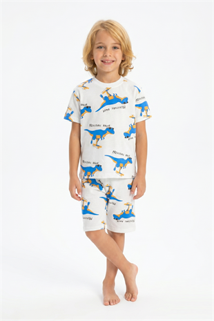 Erkek Çocuk Dinozor Desenli %100 Pamuk Süprem Kumaş Kısa Kollu Şortlu Pijama Takımı