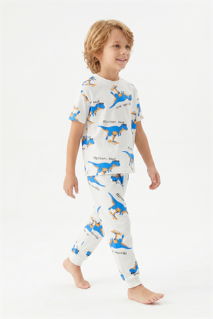 Erkek Çocuk Dinozor Desenli %100 Pamuk Süprem Kumaş Kısa Kollu  Pijama Takımı
