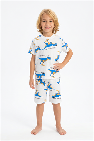 Erkek Çocuk Dinozor Desenli %100 Pamuk Süprem Kumaş Kısa Kollu Şortlu Pijama Takımı