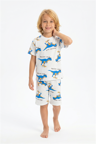 Erkek Çocuk Dinozor Desenli %100 Pamuk Süprem Kumaş Kısa Kollu Şortlu Pijama Takımı