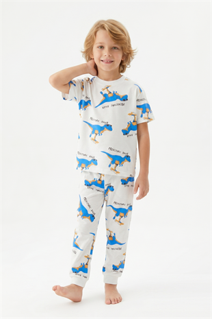 Erkek Çocuk Dinozor Desenli %100 Pamuk Süprem Kumaş Kısa Kollu  Pijama Takımı