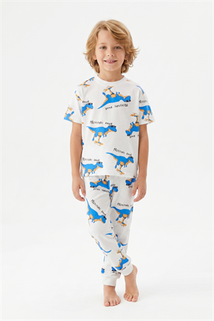 Erkek Çocuk Dinozor Desenli %100 Pamuk Süprem Kumaş Kısa Kollu  Pijama Takımı