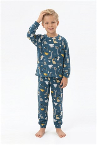 Erkek Çocuk Dinozor Desenli %100 Pamuk Reaktif Boyama İnterlok Kumaşş Uzun Kollu Pijama Takımı