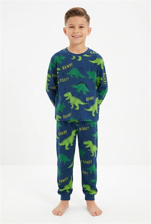 Erkek Çocuk Dinozor Desenli %100 Pamuk Süprem Kumaş Uzun Kollu Pijama Takımı