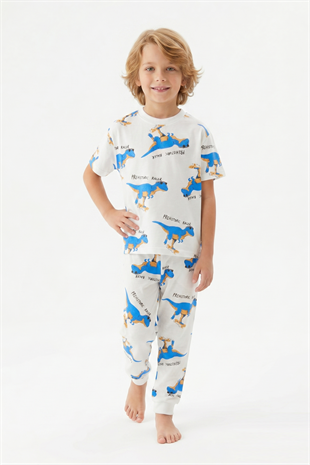 Erkek Çocuk Dinozor Desenli %100 Pamuk Süprem Kumaş Kısa Kollu  Pijama Takımı