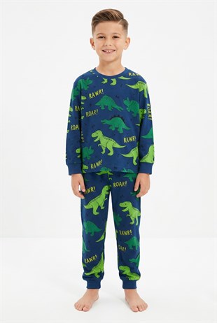 Erkek Çocuk Dinozor Desenli %100 Pamuk Süprem Kumaş Uzun Kollu Pijama Takımı