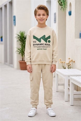 Erkek Çocuk Dynamic Soul Baskılı %100 Pamuk İki İplik Sweatshirt Ve Kargo Cepli Eşofman Takımı