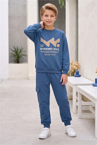 Erkek Çocuk Dynamic Soul Baskılı %100 Pamuk İki İplik Sweatshirt Ve Kargo Cepli Eşofman Takımı