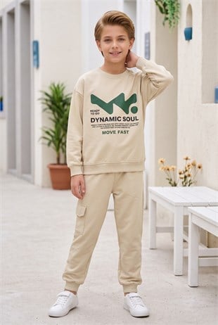 Erkek Çocuk Dynamic Soul Baskılı %100 Pamuk İki İplik Sweatshirt Ve Kargo Cepli Eşofman Takımı
