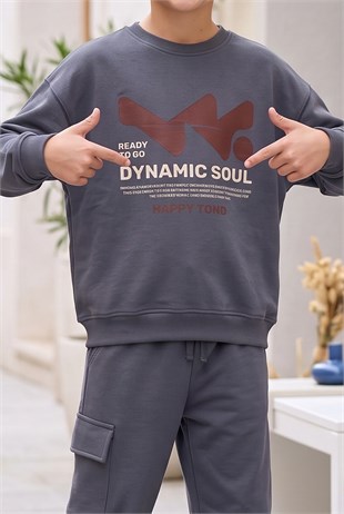 Erkek Çocuk Dynamic Soul Baskılı %100 Pamuk İki İplik Sweatshirt Ve Kargo Cepli Eşofman Takımı