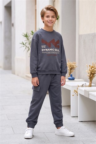 Erkek Çocuk Dynamic Soul Baskılı %100 Pamuk İki İplik Sweatshirt Ve Kargo Cepli Eşofman Takımı