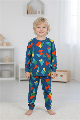 Erkek Çocuk Geometrik Desen %100 Pamuk Reaktif Boyalı Süprem Kumaş Uzun Kollu Pijama Takımı