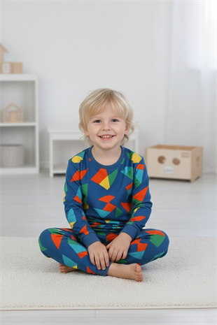 Erkek Çocuk Geometrik Desen %100 Pamuk Reaktif Boyalı Süprem Kumaş Uzun Kollu Pijama Takımı