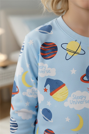Erkek Çocuk Gezegen Desenli %100 Pamuk Reaktif Boyalı İnterlok Kumaş Uzun Kollu Pijama Takımı