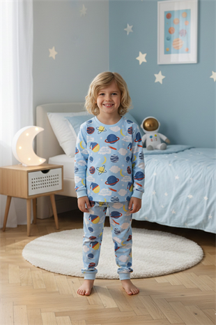 Erkek Çocuk Gezegen Desenli %100 Pamuk Reaktif Boyalı İnterlok Kumaş Uzun Kollu Pijama Takımı